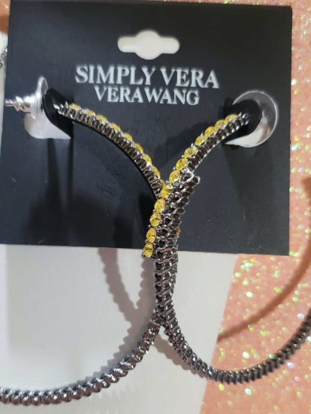 VERA WANG Rocker Chic Gunmetal Yellow-Green Crystal 2.56" Hoop Earrings**NEW!